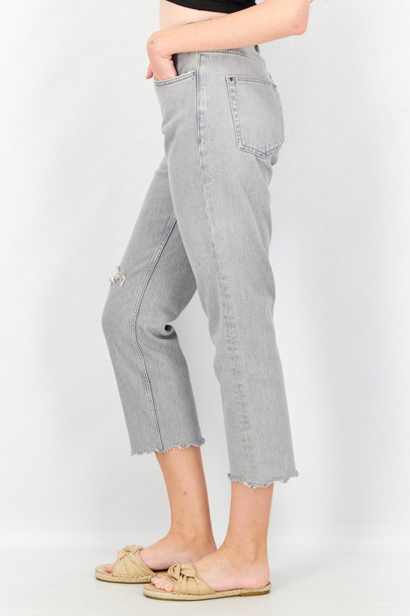 ESPRIT Women Straight Fit Ripped Non Stretchable Denim Jeans, Light Grey - Image 3